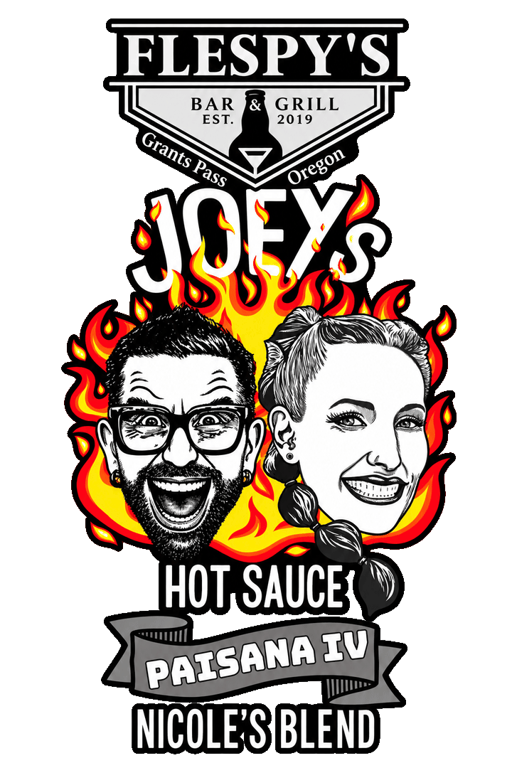 Illustrated Joey’s Hot Sauce label showing Joey Repice and Nicole Flespy smiling in front of red and yellow flames beneath the Flespy’s Bar and Grill logo